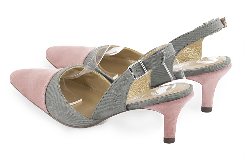 Light pink and dove grey women's slingback shoes. Tapered toe. Medium slim heel. Rear view - Florence KOOIJMAN
